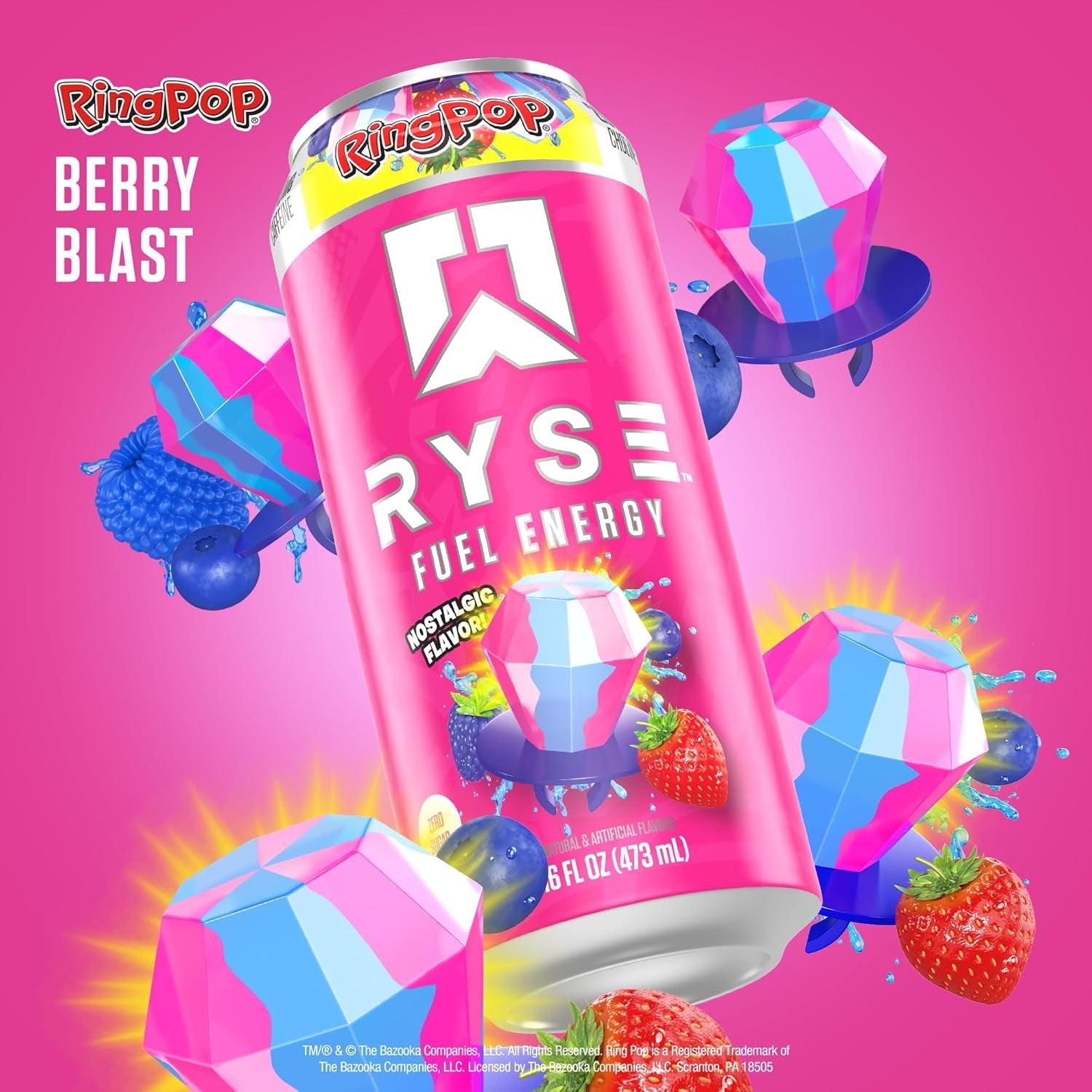 RYSE Fuel Energy Drink - Ring Pop Berry Blast - Sugar Free, Gluten Free & Vegan - 200Mg Natural Caffeine, Taurine & Choline for Focus & Energy - No Artificial Colors - 16 Fl Oz Cans (12-Pack)