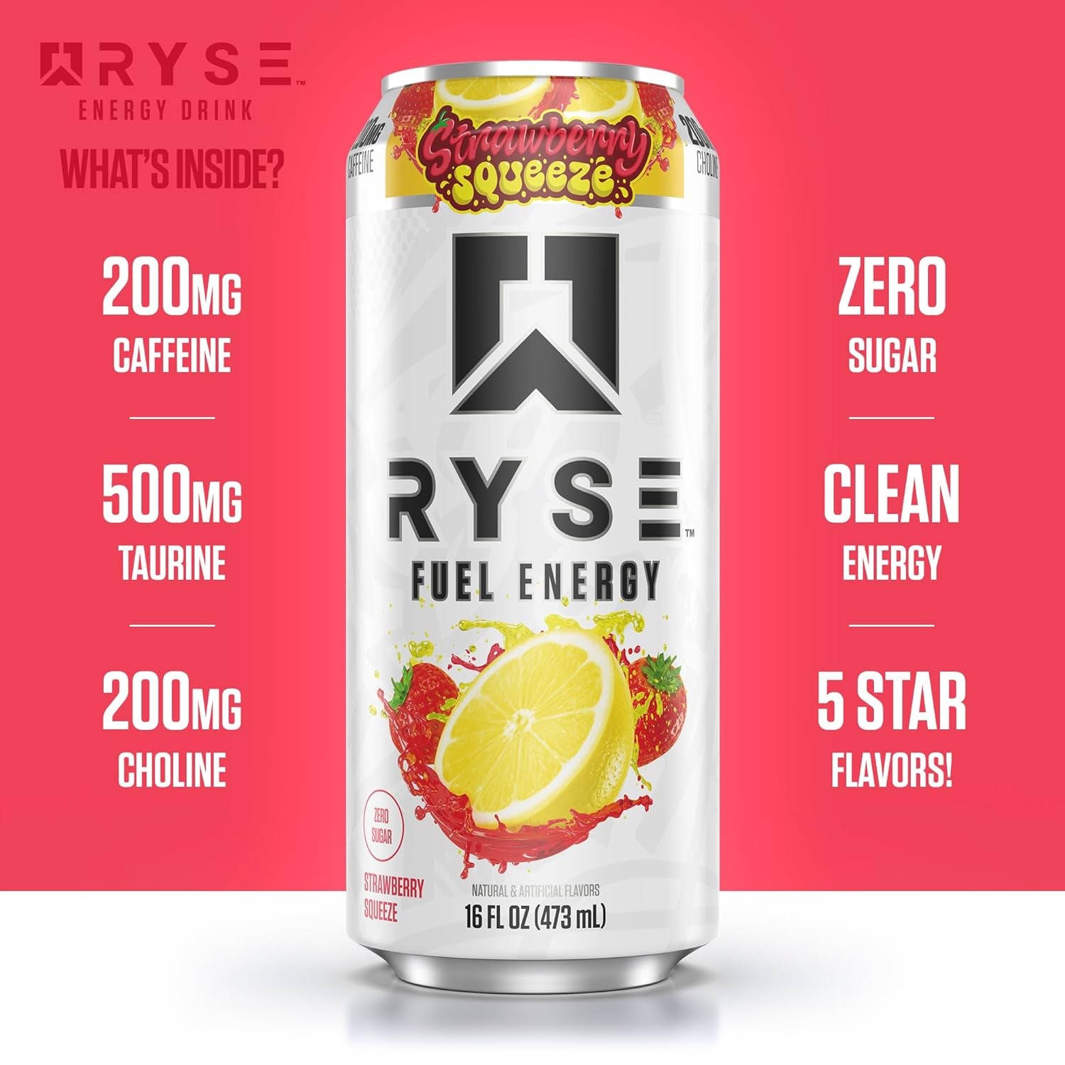 RYSE Fuel Energy Drink - Strawberry Squeeze - Sugar Free, Gluten Free & Vegan - 200Mg Natural Caffeine, Taurine & Choline for Focus & Energy - No Artificial Colors - 16 Fl Oz Cans (12-Pack)