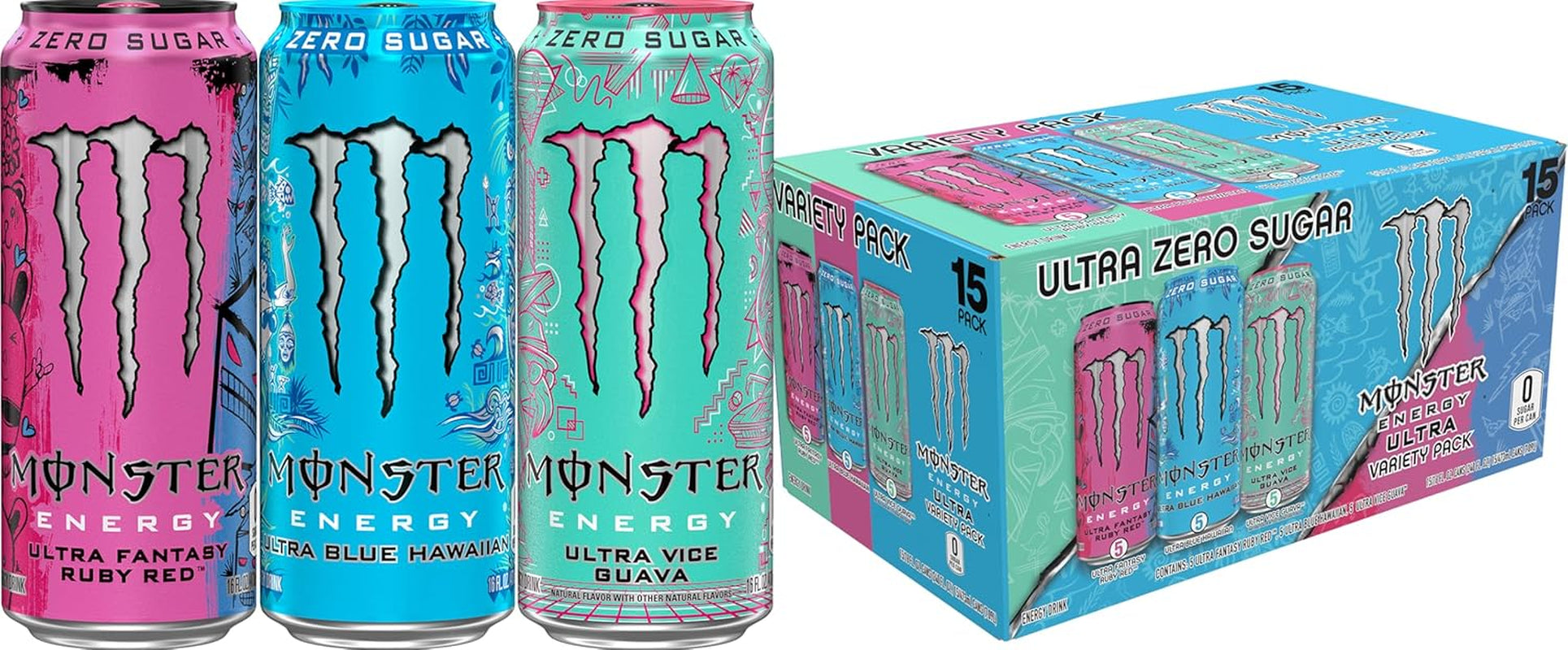 Energy Ultra Variety Pack, Blue Hawaiian, Ultra Vice Guava, Ultra Fantasy Ruby Red, Sugar Free Energy Drink, 16 Ounce (Pack of 15)