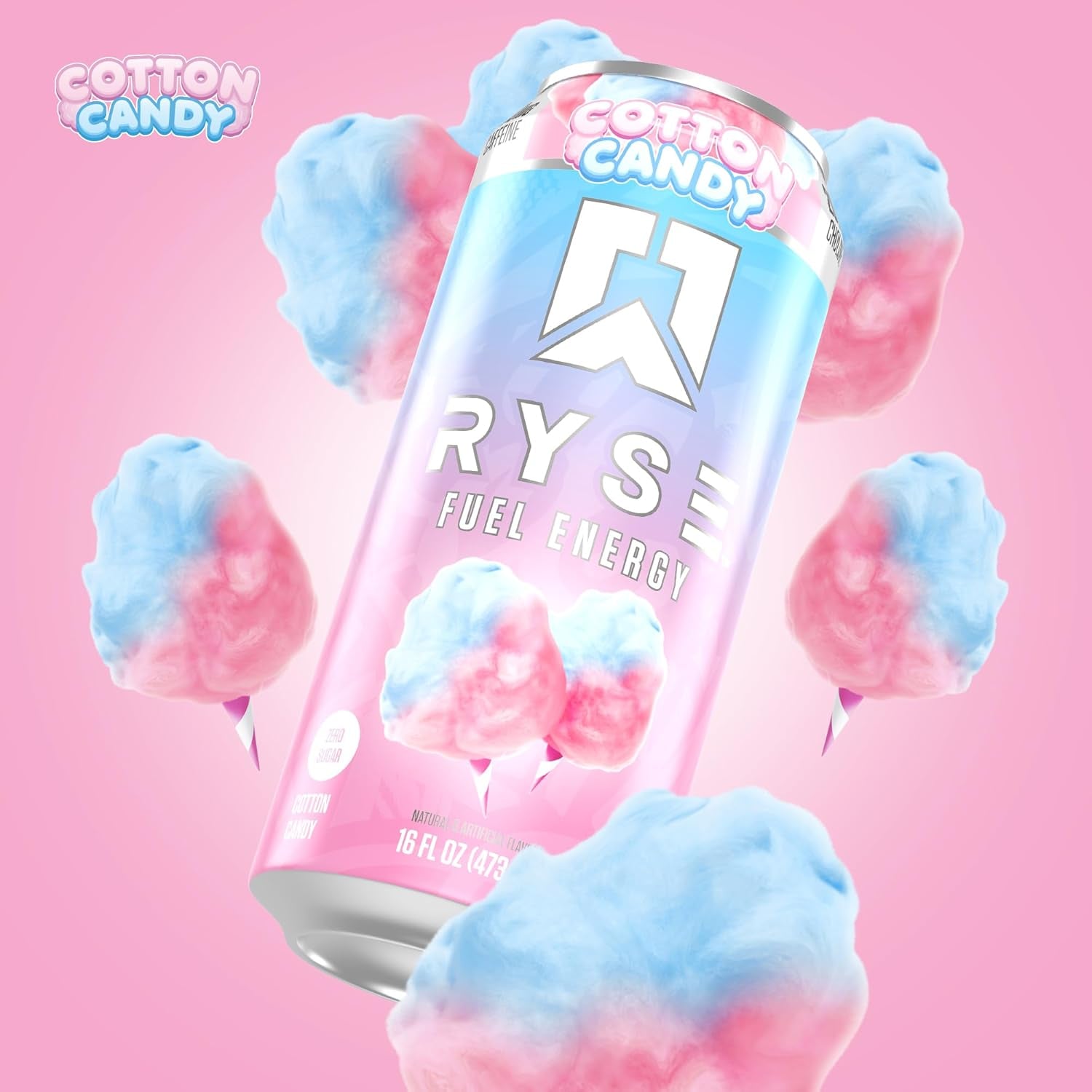 RYSE Fuel Energy Drink - Cotton Candy - Sugar Free, Gluten Free & Vegan - 200Mg Natural Caffeine, Taurine & Choline for Focus & Energy - No Artificial Colors - 16 Fl Oz Cans (12-Pack)
