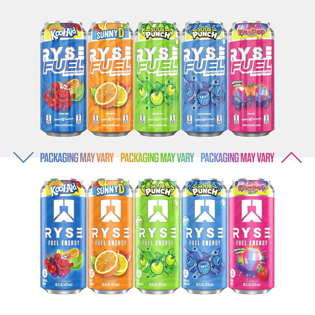 RYSE Fuel Energy Drink - Ring Pop Berry Blast - Sugar Free, Gluten Free & Vegan - 200Mg Natural Caffeine, Taurine & Choline for Focus & Energy - No Artificial Colors - 16 Fl Oz Cans (12-Pack)