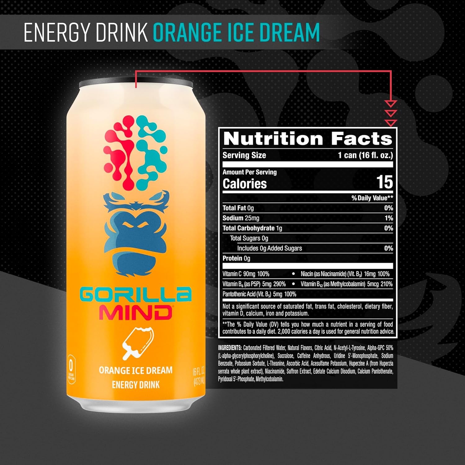 Energy Drink | Unmatched Energy · Amplified Focus | N-Acetyl-L-Tyrosine, Alpha-Gpc, 200Mg Caffeine, Uridine, Saffron | 0 Sugar or Artificial Colors | 16Oz, 12-Pack (Orange Ice Dream)