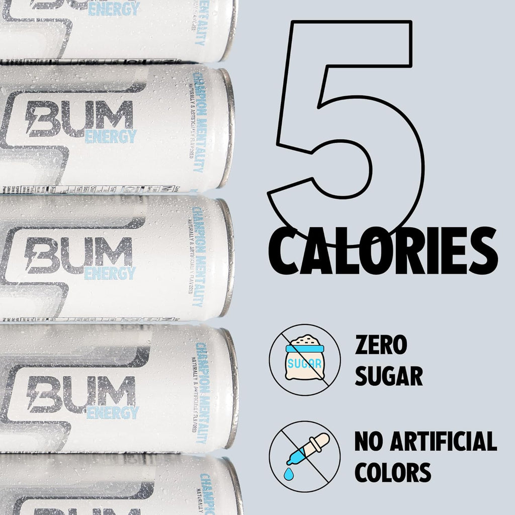 BUM Sugar-Free Energy Drink, Champion Mentality - Lightly Carbonated & No Artificial Colors, Natural Caffeine & Citicoline for Energy & Focus, Brain Boost & Workout Sports Beverage - 12 Oz, Pack of 12