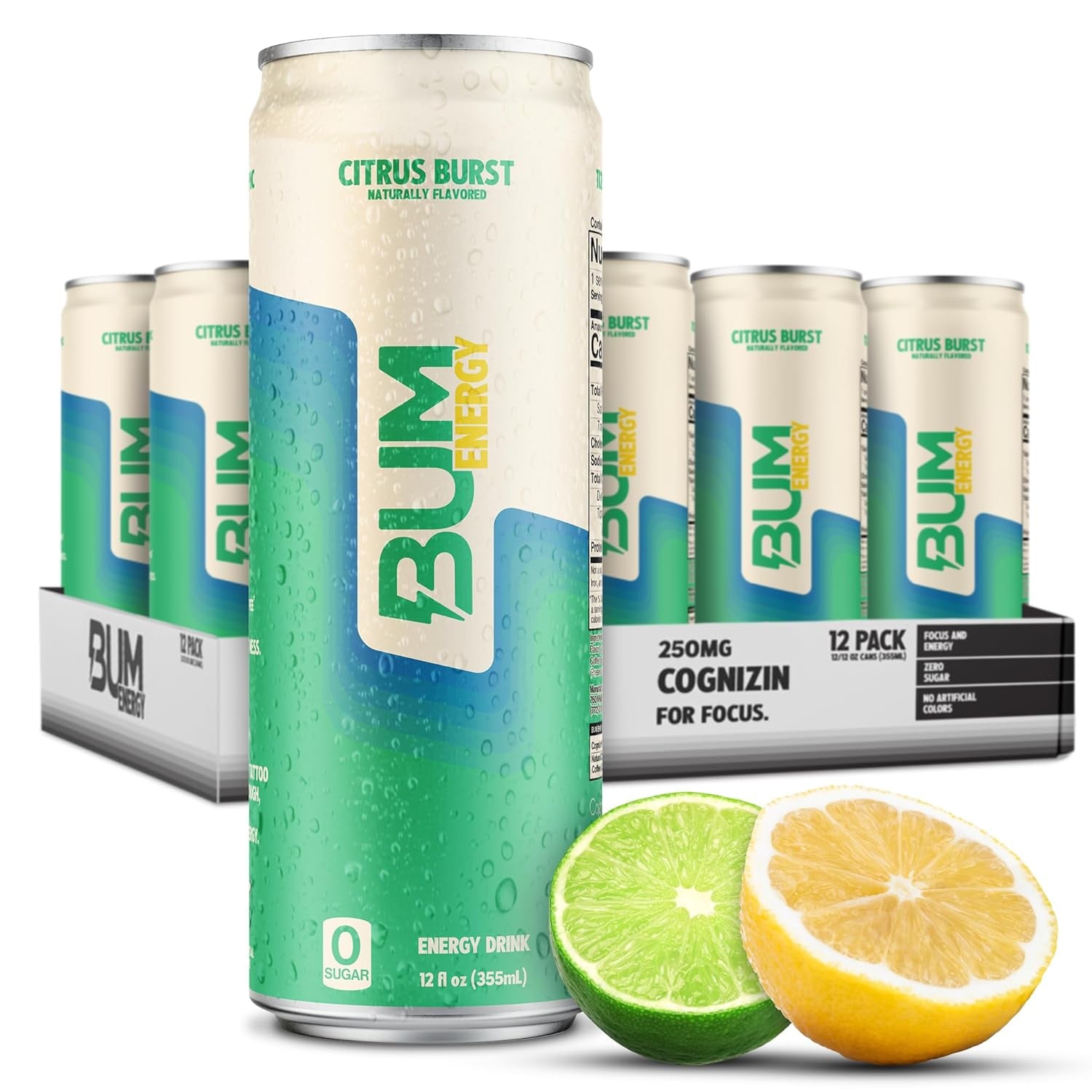 BUM Sugar-Free Energy Drink, Citrus Burst - Lightly Carbonated & No Artificial Colors, Natural Caffeine & Citicoline for Energy & Focus, Brain Boost & Workout Sports Beverage - 12 Oz, Pack of 12
