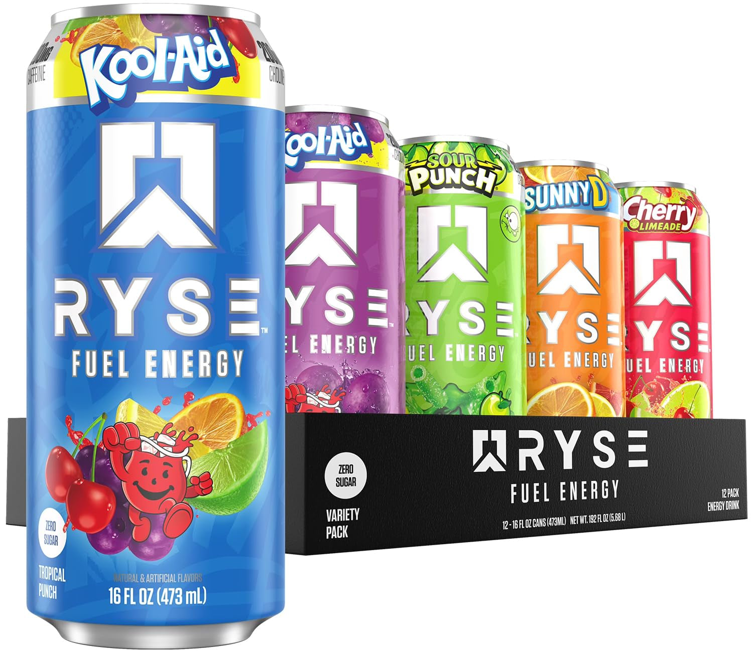 RYSE Fuel Energy Drink - Variety Pack - Sugar Free, Gluten Free & Vegan - 200Mg Natural Caffeine, Taurine & Choline for Focus & Energy - No Artificial Colors - 16 Fl Oz Cans (12-Pack)