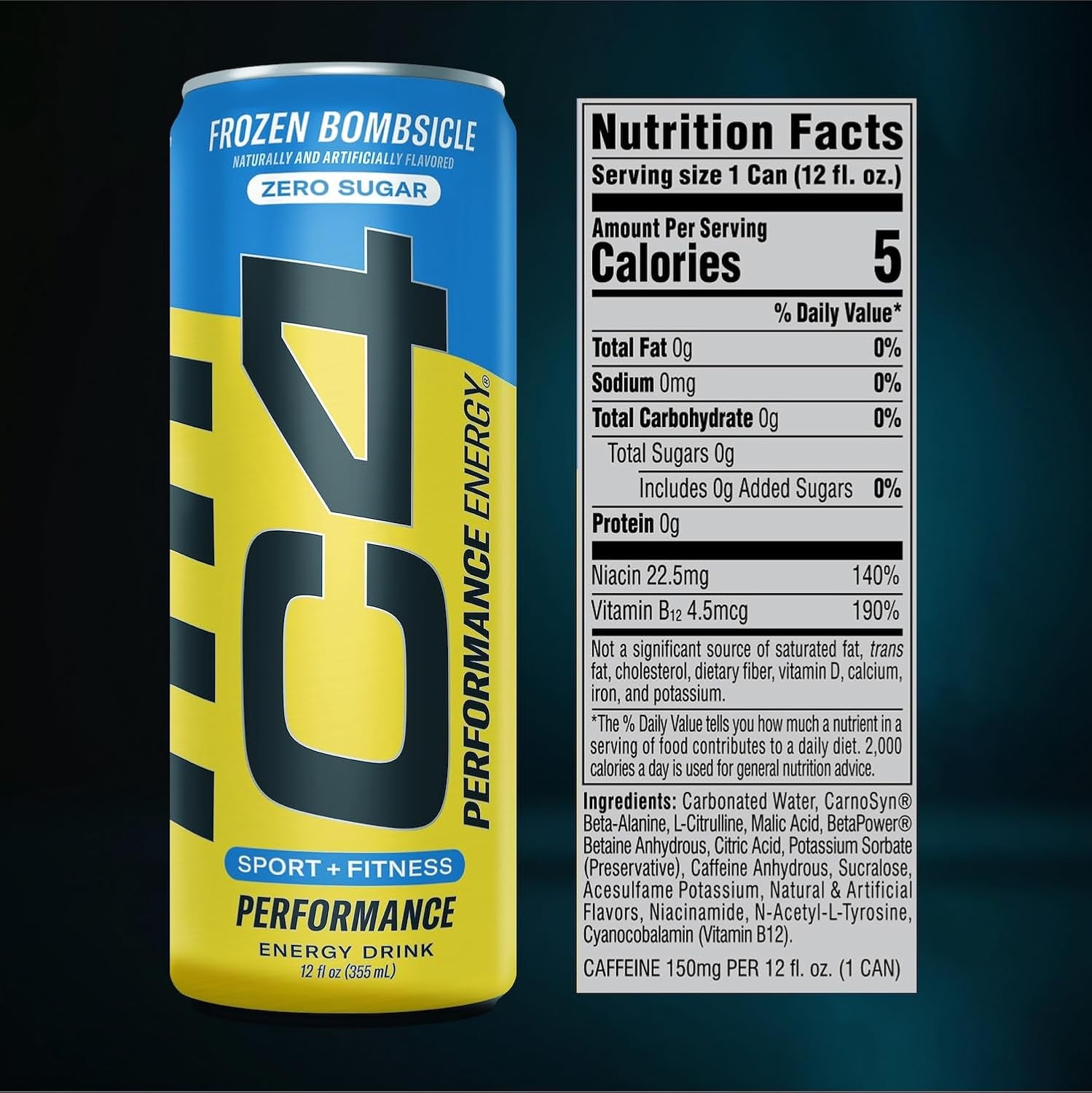 C4 Energy Drink 12Oz (Pack of 12) - Frozen Bombsicle - Sugar Free Pre Workout Performance Drink with No Artificial Colors or Dyes