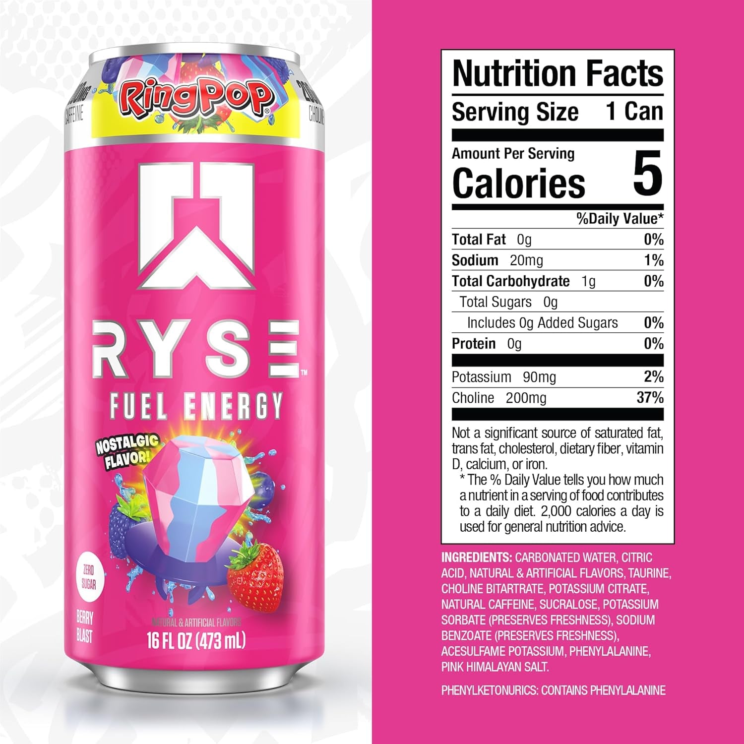 RYSE Fuel Energy Drink - Ring Pop Berry Blast - Sugar Free, Gluten Free & Vegan - 200Mg Natural Caffeine, Taurine & Choline for Focus & Energy - No Artificial Colors - 16 Fl Oz Cans (12-Pack)